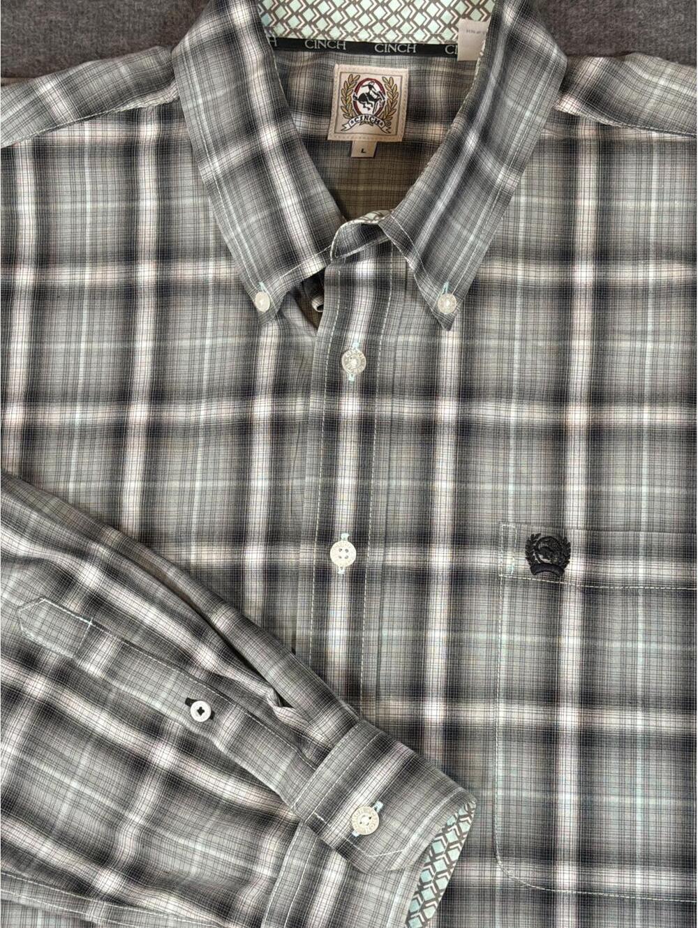 Cinch Men's Gray Plaid Long Sleeve Button-Down Western Shirt 100% Cotton - Large